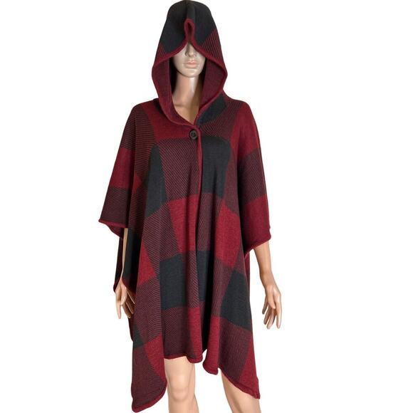 Kimberly C. Poncho one pocket red/black plaid NEW hooded no arm holes OSFM - Picture 9 of 11